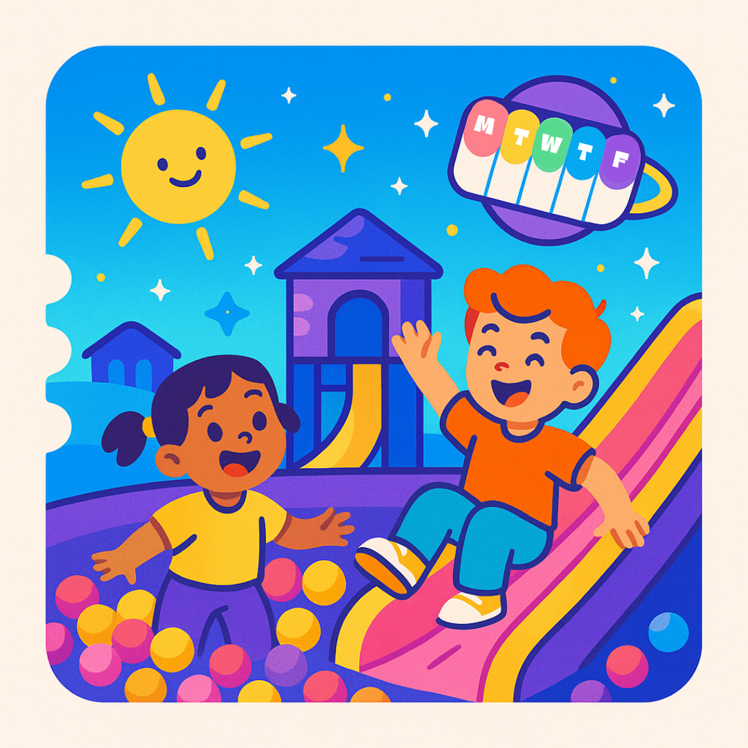 Illustration of two children playing at a playground with a colorful slide and ball pit.