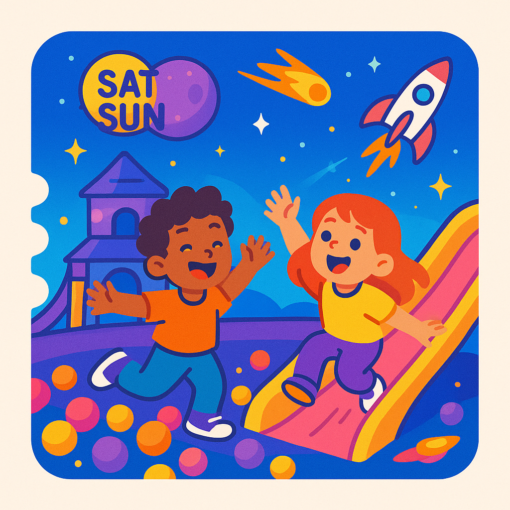 Children playing in a playground with space-themed elements and 'Sat Sun' logo.