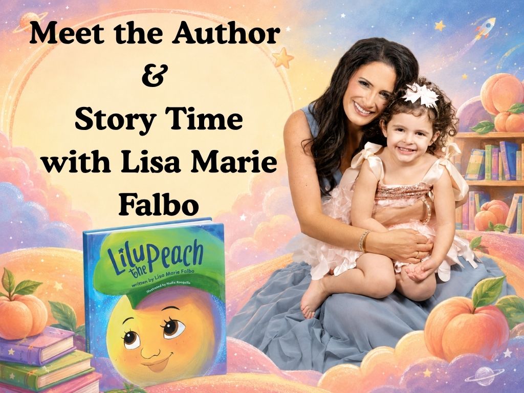 Author Lisa Marie Falbo holding a young child, beside her picture book LiLu the Peach.